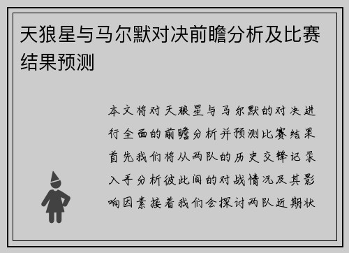天狼星与马尔默对决前瞻分析及比赛结果预测