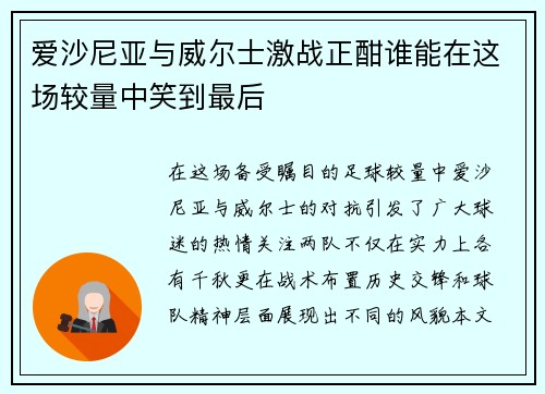 爱沙尼亚与威尔士激战正酣谁能在这场较量中笑到最后