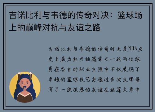 吉诺比利与韦德的传奇对决：篮球场上的巅峰对抗与友谊之路