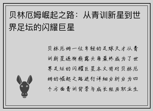贝林厄姆崛起之路：从青训新星到世界足坛的闪耀巨星