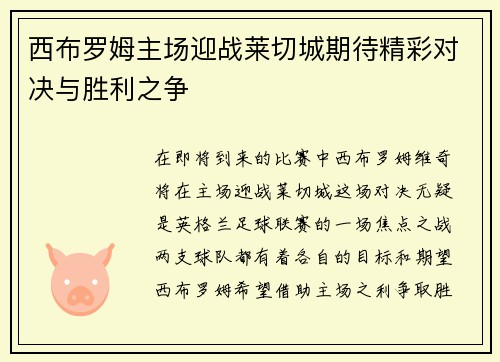 西布罗姆主场迎战莱切城期待精彩对决与胜利之争