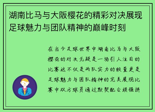 湖南比马与大阪樱花的精彩对决展现足球魅力与团队精神的巅峰时刻