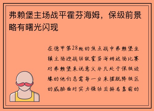 弗赖堡主场战平霍芬海姆，保级前景略有曙光闪现