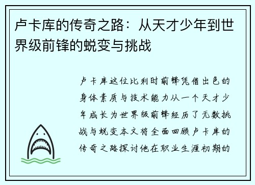 卢卡库的传奇之路：从天才少年到世界级前锋的蜕变与挑战
