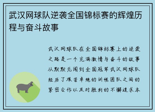 武汉网球队逆袭全国锦标赛的辉煌历程与奋斗故事