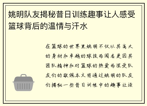 姚明队友揭秘昔日训练趣事让人感受篮球背后的温情与汗水