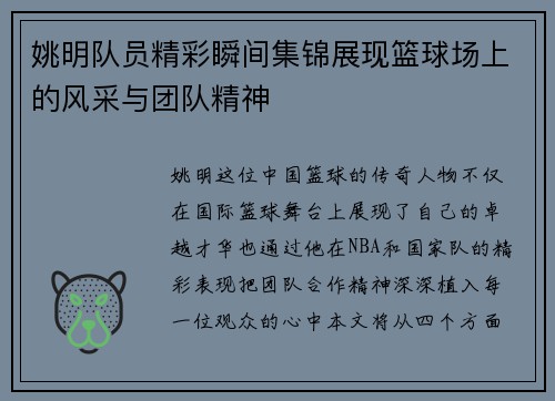 姚明队员精彩瞬间集锦展现篮球场上的风采与团队精神