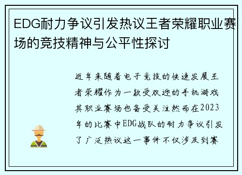 EDG耐力争议引发热议王者荣耀职业赛场的竞技精神与公平性探讨