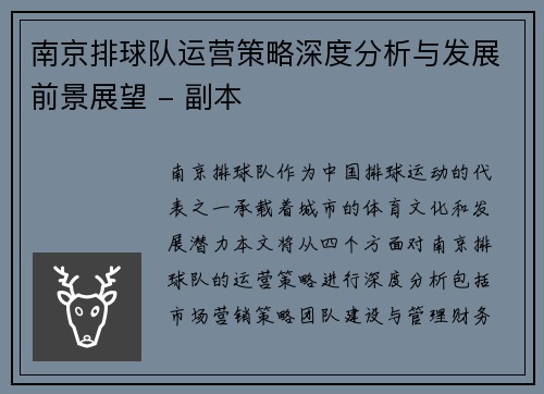 南京排球队运营策略深度分析与发展前景展望 - 副本
