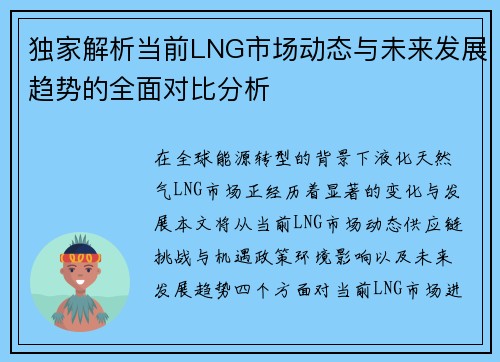 独家解析当前LNG市场动态与未来发展趋势的全面对比分析